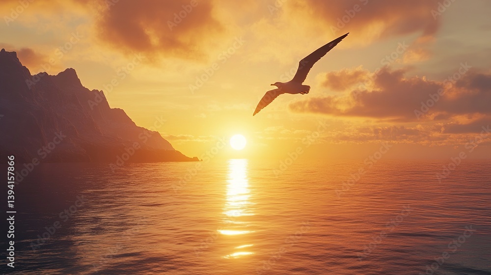 Fototapeta premium A bird flying over the ocean during sunset with mountains and clouds in the background scene view