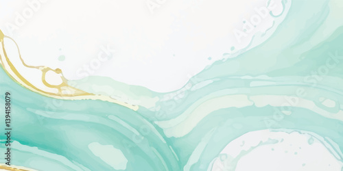Abstract Watercolor Background with Soft Green Aquamarine and Golden Accents, Enhanced with Liquid Marbled Paper Texture for a Subtle and Elegant Banner Design

