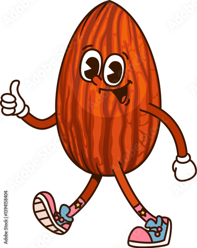 Cartoon groovy almond nut character showing a thumbs up. Isolated vector joyful and healthy y2k food personage spread hippie y2k energy in retro sneakers, showcasing funky and upbeat hippie vibe