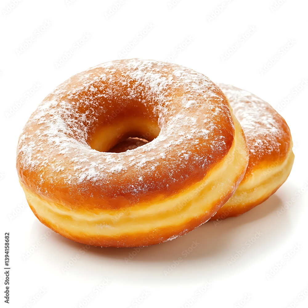 Fluffy and golden doughnuts with a soft, airy texture and a dusting of powdered sugar, isolated white background Fluffy and golden doughnuts with a soft, airy texture and a dusting of powdered sugar, isolated white background