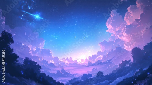 A dreamy illustration of a starry sky filled with clouds