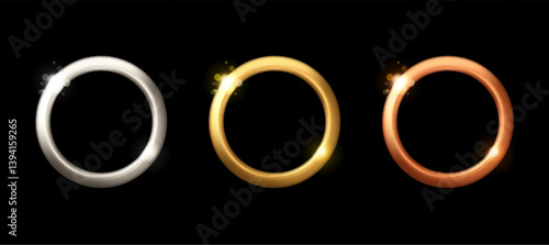 Metal round thick frames set. Vector realistic gold, silver and bronze badges with shining effect isolated on black background. First, second and third place medallion award or button.