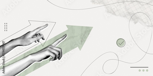 Trendy Halftone Collage Hands and arrow pointing up. Business and investment growth concept. Financial and economic success. Invest strategy. Development team. Contemporary vector illustration art