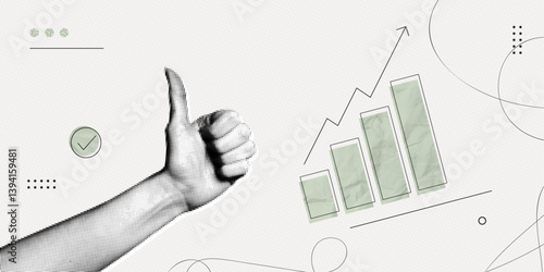 Trendy Halftone Collage Hand with thumb up and stock arrow move up. Market statistics chart. Finance business data graph. Investment growth. Trending upwards. Contemporary vector illustration art