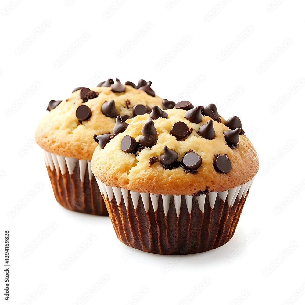 Fluffy and golden muffins with a moist crumb and scattered chocolate chips, isolated white background, hyperrealism art style Fluffy and golden muffins with a moist crumb and scattered chocolate chips, isolated white background, hyperrealism art style
