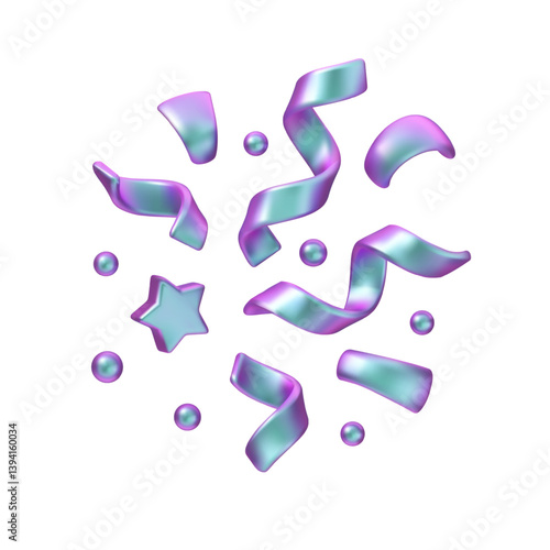 Holographic metallic vector 3d confetti set. Iridescent abstract shapes, shining hologram emoji. Celebration carnival illustration isolated on white background