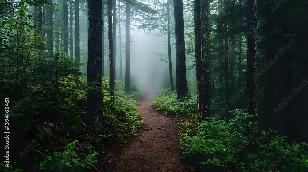 Obraz premium Mystical Forest Trail: A tranquil trail meanders through a foggy, verdant forest, the path disappearing into the misty distance, hinting at a journey of discovery and solitude.