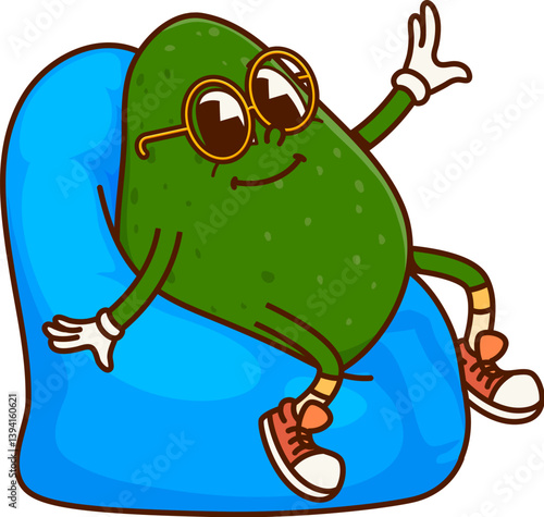 Cartoon groovy avocado character lounging on a blue bean bag. Isolated vector fun and quirky relaxed avocado fruit personage wears sunglasses while waving with chill expression and coo, laid back vibe