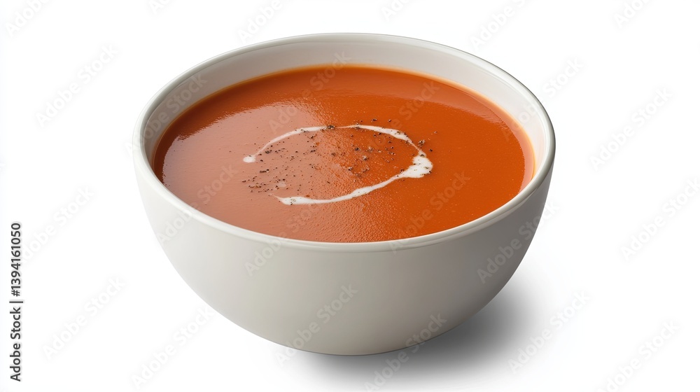 A single bowl of creamy tomato soup styled with a swirl of cream on top. background A single bowl of creamy tomato soup styled with a swirl of cream on top. background
