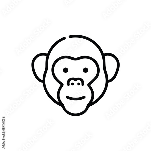 Chimpanzee Monkey Head Icon Line Art, Simple, Black, White