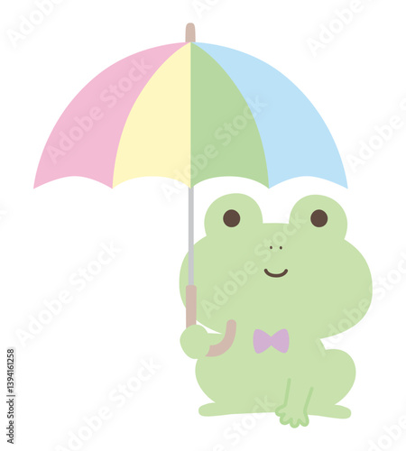 傘をさすかわいいカエルのベクターイラスト。梅雨