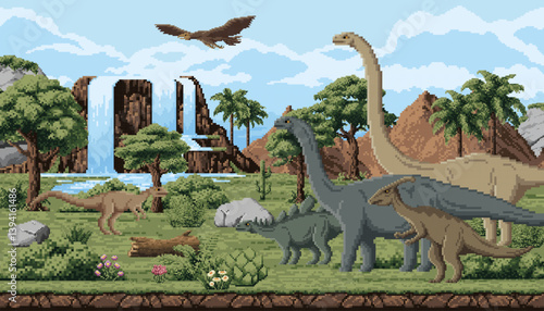 Prehistoric dinosaurs, 8bit pixel art game landscape with Jurassic lizards, vector background. Cartoon 8 bit pixel arcade game landscape with dinosaurs, giant reptiles or dino lizards in jungle forest