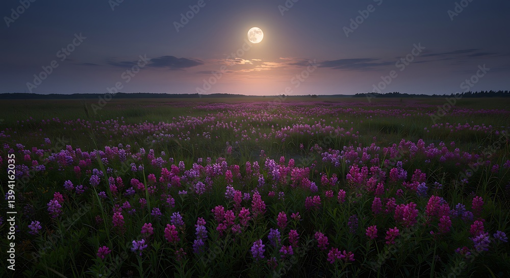 Naklejka premium Blooming Meadow at Night with a Full Moon Illuminating Flowers