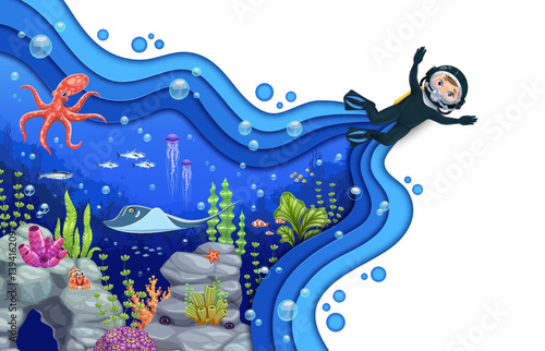 Paper cut underwater landscape with kid diver, fishes and sea animals, vector poster. Kid scuba diver in cartoon paper cut underwater ocean coral reef with undersea octopus, jellyfish and funny crab