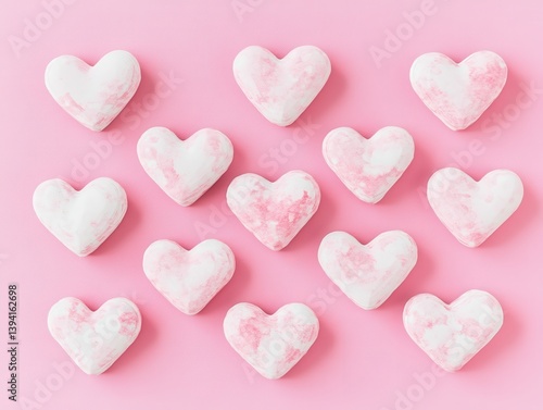 Overhead View of White and Pink Sugar Heart Candies Arranged on a Textured Pastel Pink Background Festive Sweet Treats and Romantic Decorations for Valentine's Day Still Life Photography