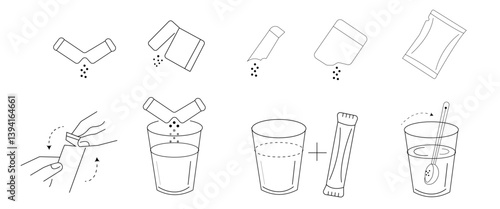 Sachet powder concept set. Instruction how to dissolve effervescent medication in water. Vector