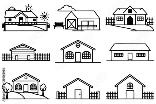 Ranch House Line Art Illustration for Country Style Design Project  