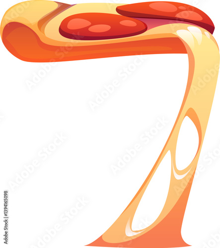 Fast food pizza meal ABC math font digit 7 seven. Street restaurant alphabet font figure, fastfood cafe appetizer vector math font typeset arabic numeral symbol. Takeaway menu meal ABC typeface digit