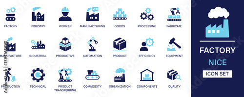 Factory icon set collection. Industry, worker, manufacturing, goods, processing, fabrication, productive, equipment, technical, commodity and best solid icon set