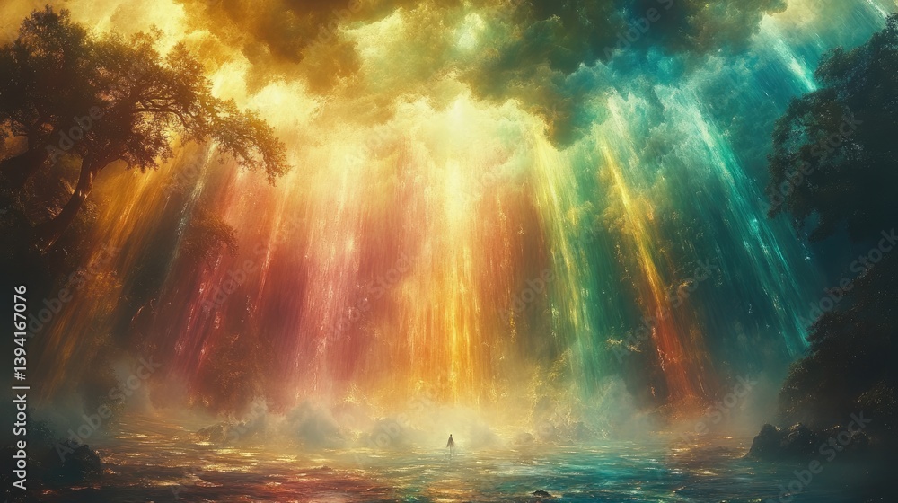 Fototapeta premium Mystical forest bathed in vibrant light, a figure in the center
