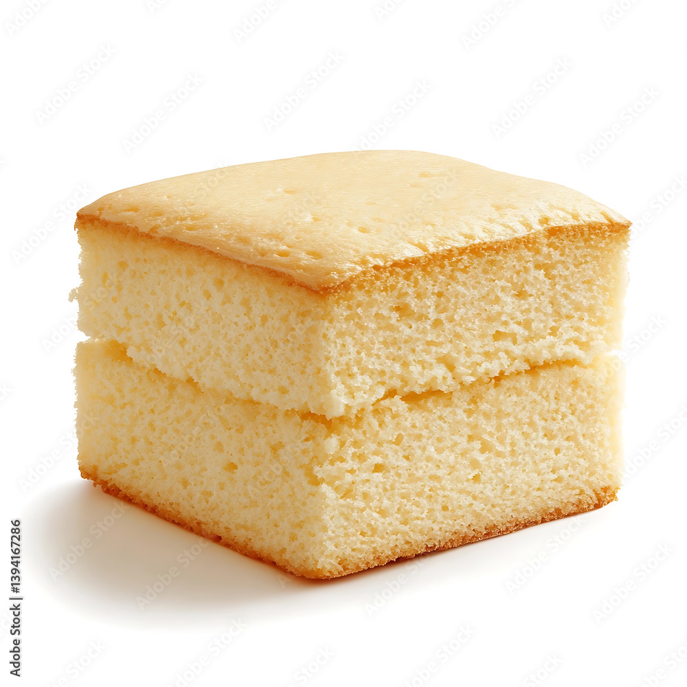 Fluffy and golden sponge cake with a light, airy crumb and a slightly caramelized outer layer, isolated white background Fluffy and golden sponge cake with a light, airy crumb and a slightly caramelized outer layer, isolated white background