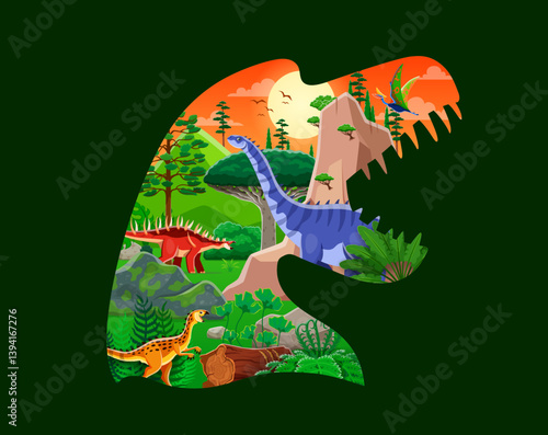 Dinosaur silhouette with prehistoric landscape and Jurassic era lizards, vector banner. Cartoon dino characters, reptiles and dinosaurs in jungle for kids paleontology atlas or dino encyclopedia
