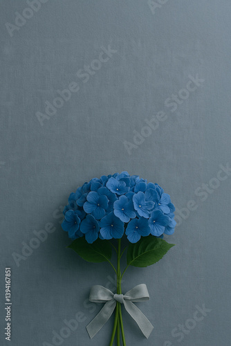 Blue Hydrangea Bouquet with Ribbon on Grey – Elegant Vertical Floral Gift
グレー背景に青い紫陽花のブーケとリボン ― 上品な縦構図の花のギフト