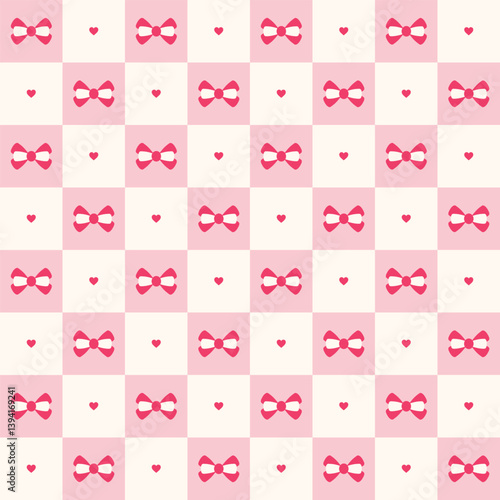 Vector pattern with pink checkerboard and cute bows and hearts