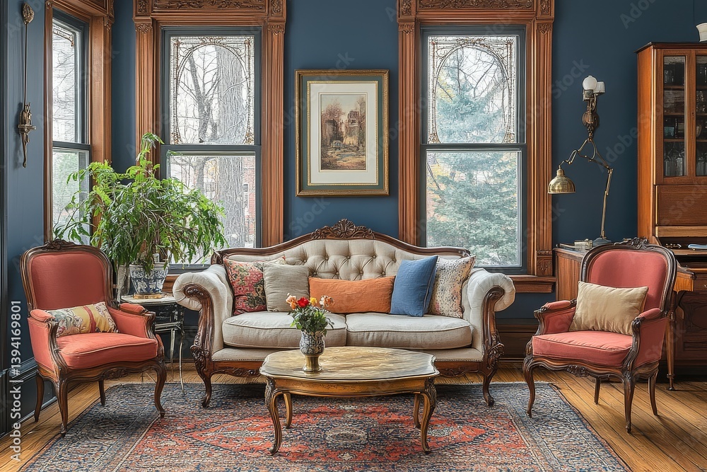 Fototapeta premium Victorian home interior with modern blue walls, vintage furniture, rich wood floors, and traditional accents. Brass side table and art print.