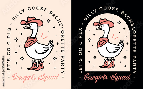 Bachelorette party silly goose theme cowgirls squad club girly aesthetic country girl funny quotes let's go girls. Retro pink black farm animal cowboy hat boots bridesmaid bride matching shirt design.