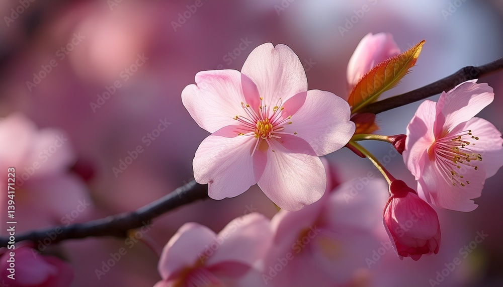 Obraz premium 春の柔らかな光の中、ピンク色の桜の花が満開で咲き誇り、風に揺れる花びらが繊細に描かれています。クローズアップで捉えたその美しい瞬間、桜の花が春の生命力とともに息づくシーンです。