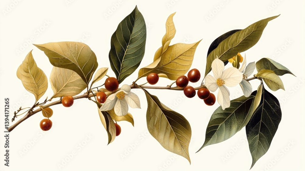 A vintage botanical sketch of coffee branches, featuring coffee cherries and detailed leaves.