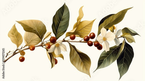 Obraz na płótnie A vintage botanical sketch of coffee branches, featuring coffee cherries and detailed leaves. w salonie
