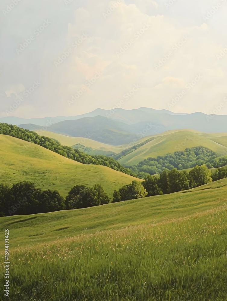 Obraz premium Serene rolling hills landscape under a soft sky. Perfect for travel, nature, or environmental projects.