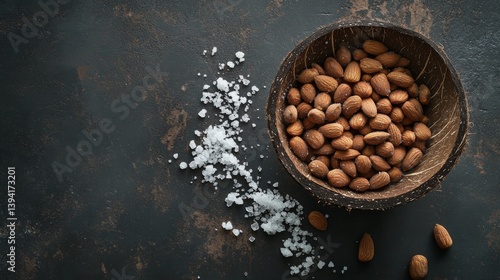 a top-down view of a rustic coconut shell bowl filled with salted roasted almonds, surrounded by a few scattered nuts and coarse sea salt crystals the almonds have a rich, deep brown color with