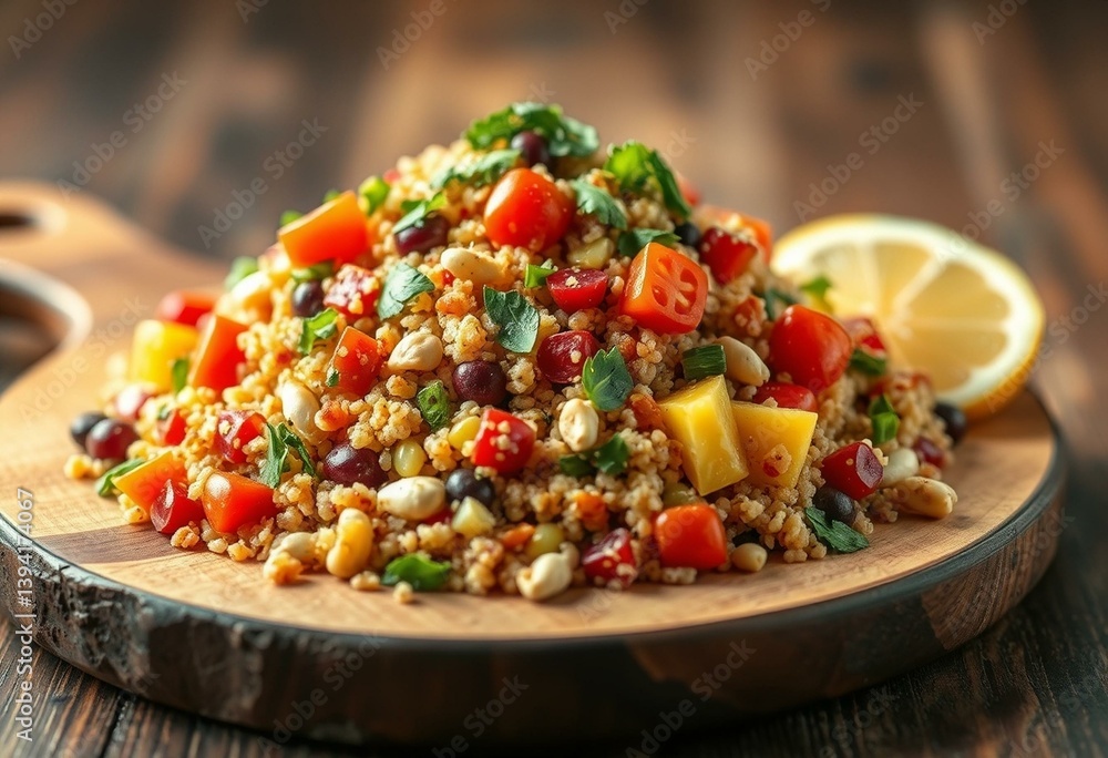 Vibrant Quinoa Salad on rustic wooden board Vibrant Quinoa Salad on rustic wooden board