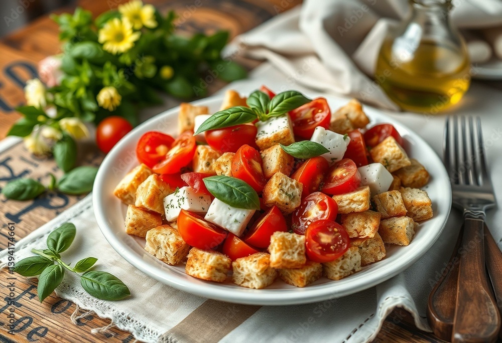 Panzanella Salad on a rustic wooden table Panzanella Salad on a rustic wooden table