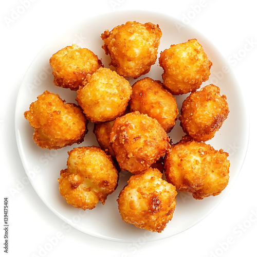 Golden and crispy cauliflower bites with a perfectly fried exterior and tender vegetable filling, isolated white background, hyperrealism art style