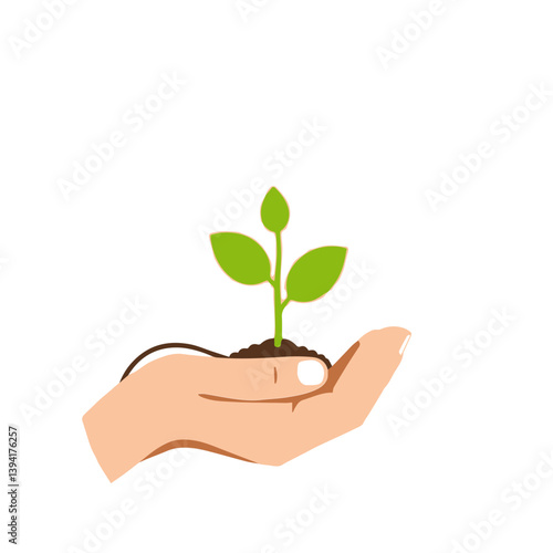 A hand carefully holding a small green plant sprout growing in soil. Symbolizes nurturing, care, protection, and support for new life and growth.