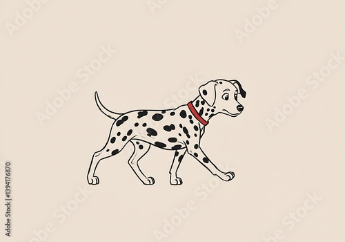 Cartoon Dalmatian Dog Walking with Red Collar Illustration on Beige Background
