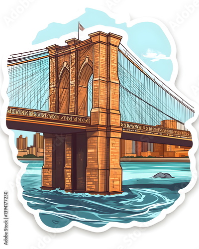 A playful sticker of the Brooklyn Bridge with simplified stone arches and cables, stretching over the wavy East River, designed in soft pastel tones, flat colors, clean outline, bold lines, and a whit