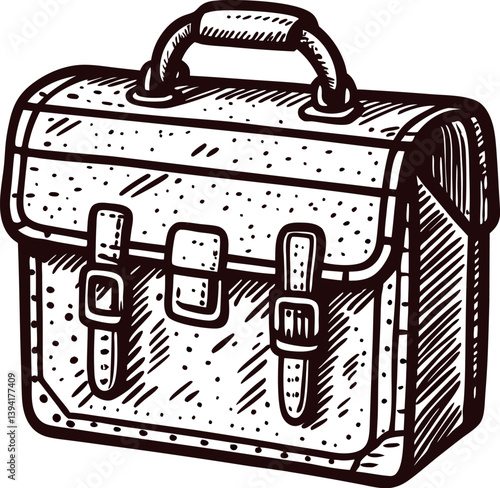 Detailed sketch of a classic leather bag with buckles and handle.