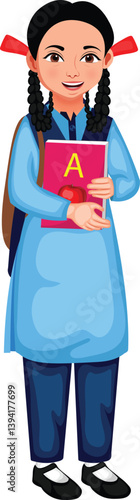 Indian School Girl Holding Book Cartoon Character Vector Illustration