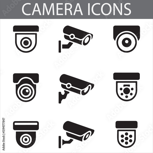 Set of 9 Black Security Camera Icons for CCTV and Surveillance Systems – Digital Use