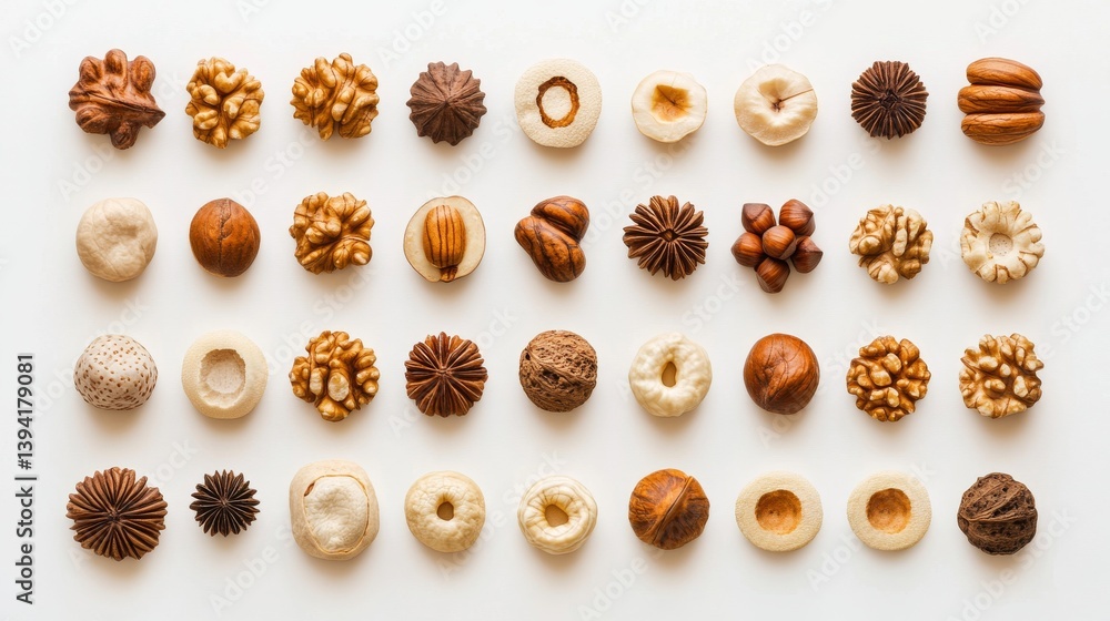 Fototapeta premium Elegant composition of nuts forming concentric circular patterns, alternating between simplified line drawings and actual nuts, warm earth tone palette, crisp high-resolution detail showing natural