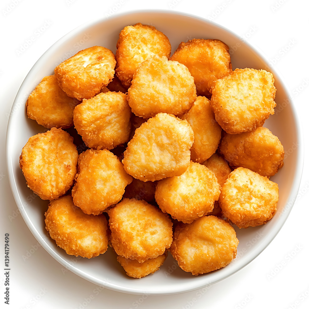 Golden and crispy chicken nuggets with a perfectly fried batter and tender chicken inside, isolated white background, modern art style Golden and crispy chicken nuggets with a perfectly fried batter and tender chicken inside, isolated white background, modern art style