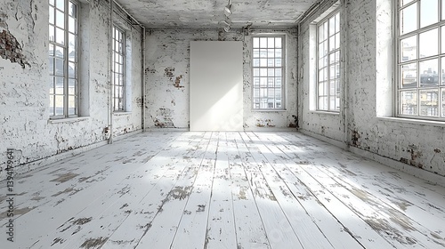 Industrial loft interior with whitewashed walls and floor