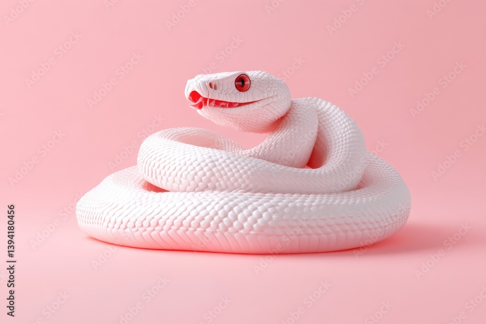 Fototapeta premium White snake coiled on pink background