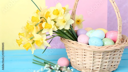 Easter basket with daffodils and pastel colored eggs on a blue table against a colorful backdrop