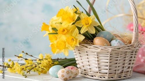 A basket filled with easter eggs and yellow daffodils on a white surface against a blue background